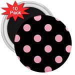 Polka Dots - Cherry Blossom Pink on Black 3  Magnet (10 pack)