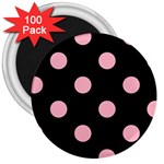 Polka Dots - Cherry Blossom Pink on Black 3  Magnet (100 pack)