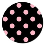 Polka Dots - Cherry Blossom Pink on Black Magnet 5  (Round)