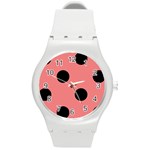 Polka Dots - Black on Coral Pink Round Plastic Sport Watch (M)