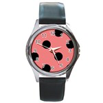 Polka Dots - Black on Coral Pink Round Metal Watch