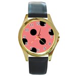 Polka Dots - Black on Coral Pink Round Gold Metal Watch