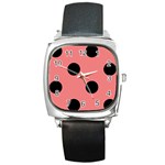 Polka Dots - Black on Coral Pink Square Metal Watch