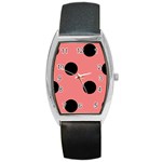 Polka Dots - Black on Coral Pink Barrel Style Metal Watch