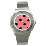 Polka Dots - Black on Coral Pink Stainless Steel Watch