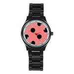 Polka Dots - Black on Coral Pink Stainless Steel Round Watch