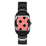 Polka Dots - Black on Coral Pink Stainless Steel Barrel Watch