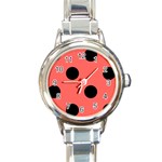 Polka Dots - Black on Pastel Red Round Italian Charm Watch