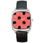 Polka Dots - Black on Pastel Red Square Metal Watch