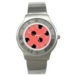 Polka Dots - Black on Pastel Red Stainless Steel Watch