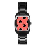 Polka Dots - Black on Pastel Red Stainless Steel Barrel Watch