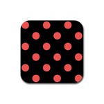 Polka Dots - Pastel Red on Black Rubber Coaster (Square)