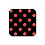 Polka Dots - Pastel Red on Black Rubber Square Coaster (4 pack)