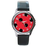 Polka Dots - Black on Alizarin Red Round Metal Watch