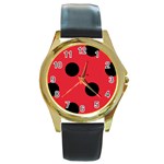 Polka Dots - Black on Alizarin Red Round Gold Metal Watch