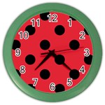 Polka Dots - Black on Alizarin Red Color Wall Clock