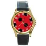 Polka Dots - Black on Fire Engine Red Round Gold Metal Watch