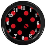 Polka Dots - Fire Engine Red on Black Wall Clock (Black)