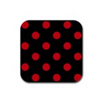 Polka Dots - Fire Engine Red on Black Rubber Coaster (Square)