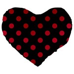 Polka Dots - Cardinal Red on Black Large 19  Premium Heart Shape Cushion