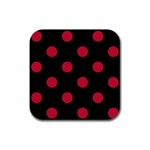 Polka Dots - Cardinal Red on Black Rubber Coaster (Square)