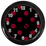 Polka Dots - Burgundy Red on Black Wall Clock (Black)