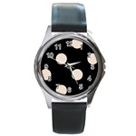 Polka Dots - Almond Brown on Black Round Metal Watch