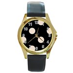 Polka Dots - Almond Brown on Black Round Gold Metal Watch