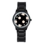 Polka Dots - Almond Brown on Black Stainless Steel Round Watch