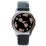 Polka Dots - French Beige on Black Round Metal Watch