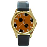 Polka Dots - Black on Brown Round Gold Metal Watch