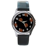 Polka Dots - Auburn Brown on Black Round Metal Watch