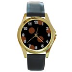 Polka Dots - Auburn Brown on Black Round Gold Metal Watch