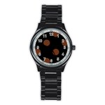 Polka Dots - Auburn Brown on Black Stainless Steel Round Watch