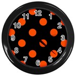 Polka Dots - Tangelo Orange on Black Wall Clock (Black)