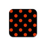 Polka Dots - Tangelo Orange on Black Rubber Coaster (Square)