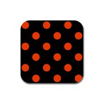 Polka Dots - Tangelo Orange on Black Rubber Square Coaster (4 pack)