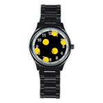 Polka Dots - Gold Yellow on Black Stainless Steel Round Watch