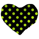 Polka Dots - Fluorescent Yellow on Black Large 19  Premium Heart Shape Cushion