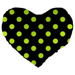 Polka Dots - Fluorescent Yellow on Black Large 19  Premium Flano Heart Shape Cushion