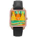 Orange and green landscape Rose Gold Leather Watch 