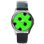 Polka Dots - Black on Neon Green Round Metal Watch