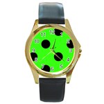 Polka Dots - Black on Neon Green Round Gold Metal Watch