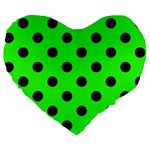 Polka Dots - Black on Neon Green Large 19  Premium Heart Shape Cushion