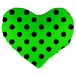 Polka Dots - Black on Neon Green Large 19  Premium Flano Heart Shape Cushion