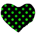 Polka Dots - Neon Green on Black Large 19  Premium Heart Shape Cushion