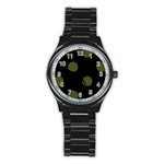 Polka Dots - Army Green on Black Stainless Steel Round Watch