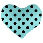 Polka Dots - Black on Celeste Cyan Large 19  Premium Heart Shape Cushion