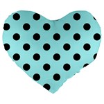 Polka Dots - Black on Celeste Cyan Large 19  Premium Flano Heart Shape Cushion