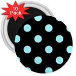 Polka Dots - Celeste Cyan on Black 3  Magnet (10 pack)